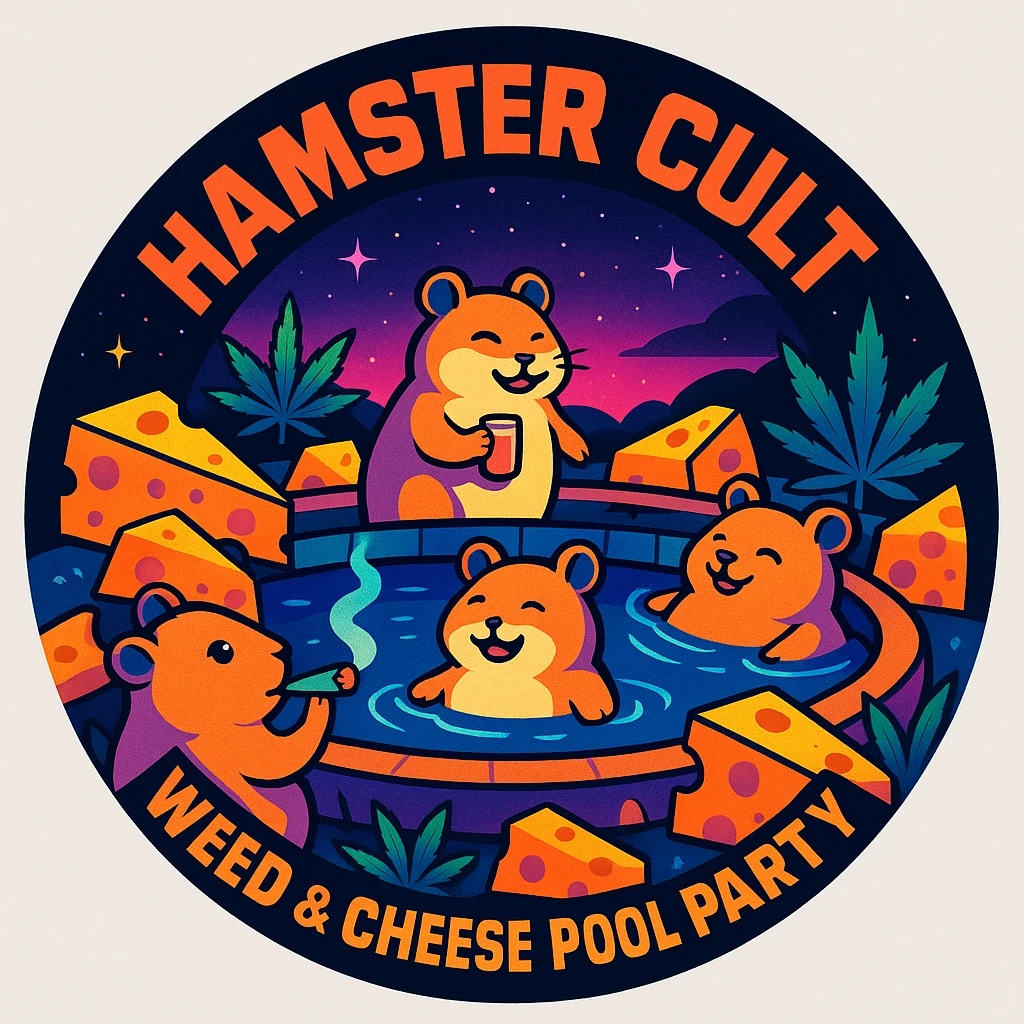 discord server icon, circular, centered composition of a hamster cult weed and cheese pool party at night, 80s sci-fi movie poster style, dramatic lighting, cosmic backgrounds, bold retro typography emoji
