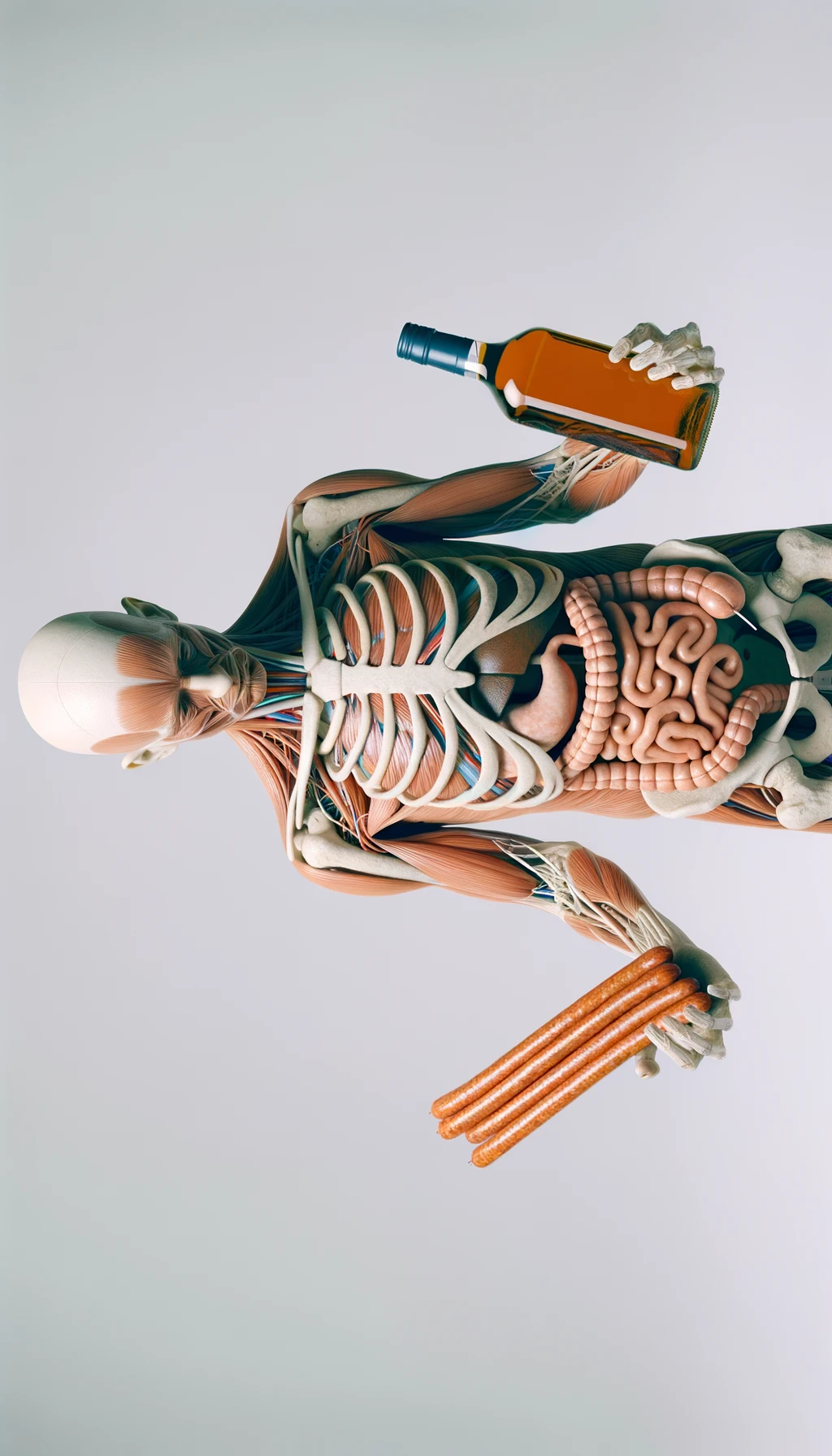 CORPO UMANO ANATOMICO CHE TRA LE BRACCIA SIGARETTE, ALCOL E WURSTEL CONFEZIONATI, LI GUARDA CON ESPRESSIONE INDECISA IN VOLTO, NEUTRAL CLEAR BACKGROUND, iperrealistico 4k emoji