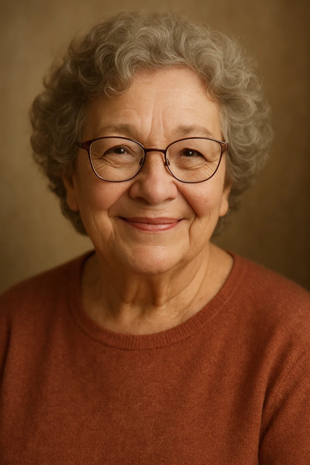 senior woman with glasses, curly hair, warm smile emoji
