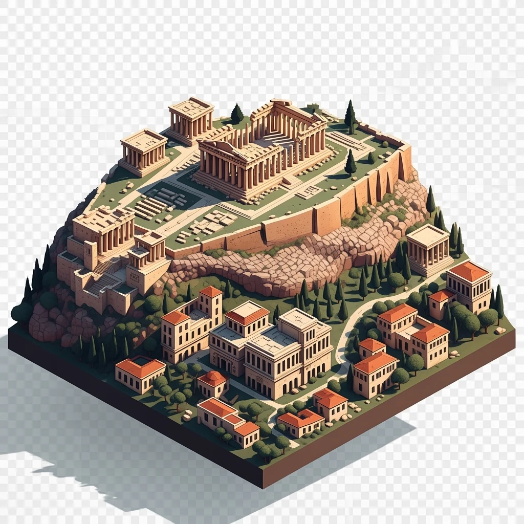 Isometric illustration of Athens, featuring the Parthenon on the Acropolis hill, highly detailed in semi-realistic style balanced between stylized and realistic, 3D miniature effect, transparent background. emoji