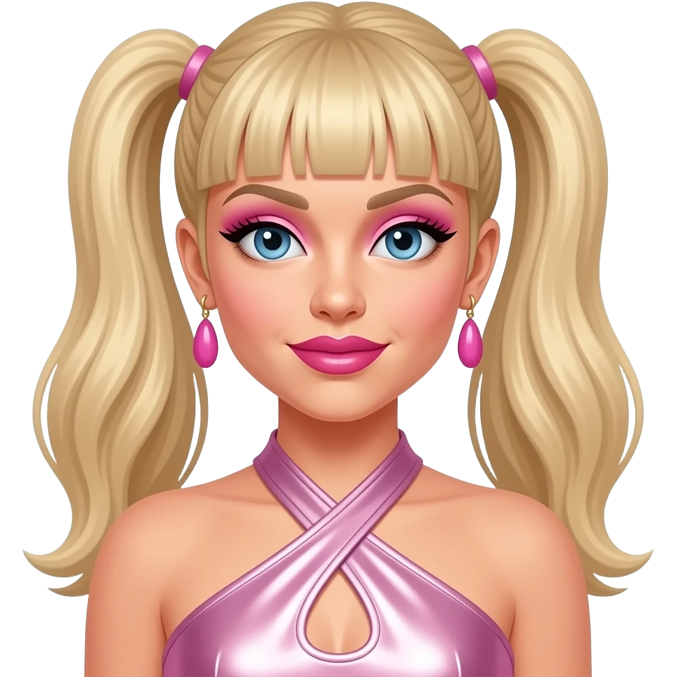 Emma Bunton from Spice Girls with blue eyes, long blonde two high ponytail hair with bang, pink eyeshadow, hot pink lipstick, light pink metallic halter dress, pink earrings emoji