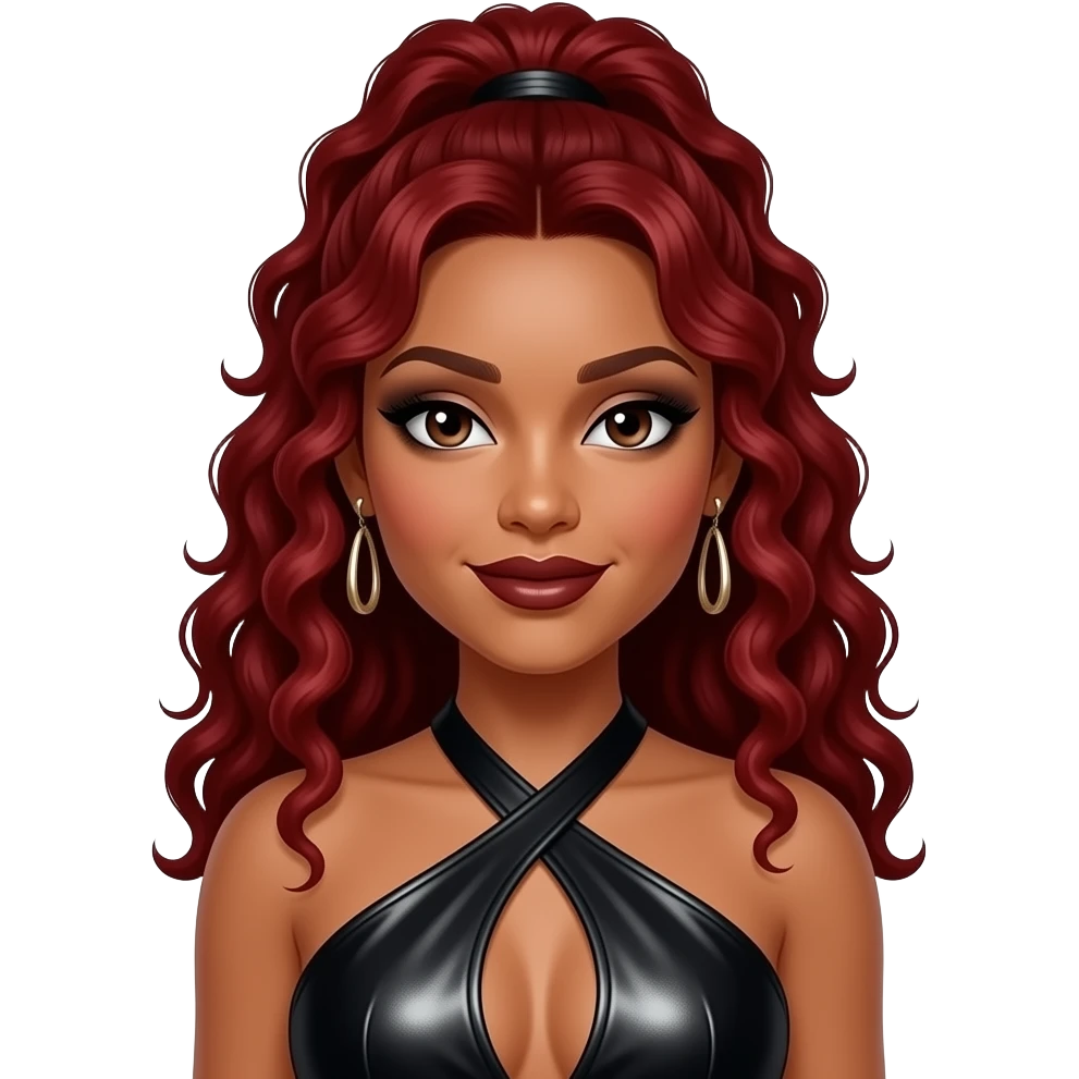 LaTavia Roberson from Destiny's Child with dark brown eyes, long red 1990s curly hair updo, black eyeshadow, dark brown lipstick, black metallic halter dress, earrings emoji