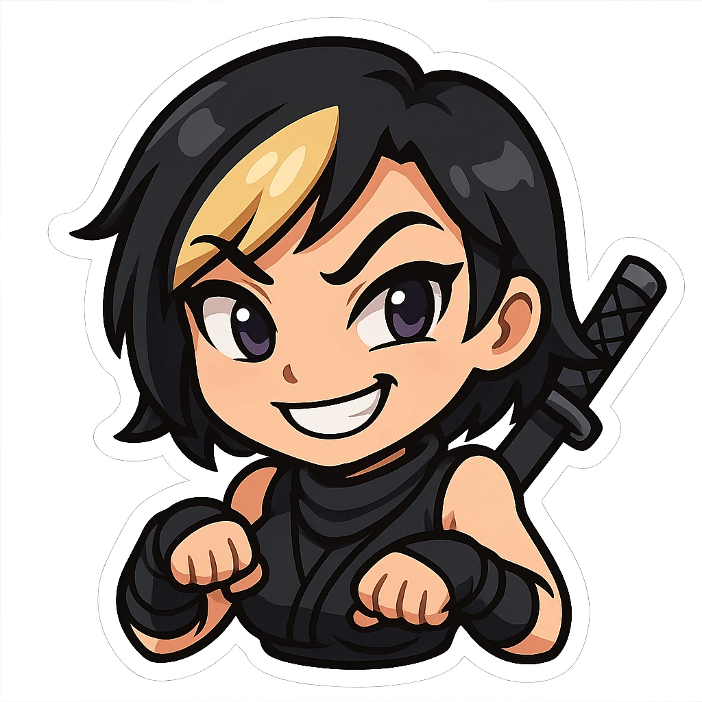 Sexy chibi ninja girl with black short hair and a blonde streak, only head and arms, colorful chibi style with bold outlines, transparent background, no mask, mischievous grin with one eyebrow raised, sized for Twitch emoji use. emoji
