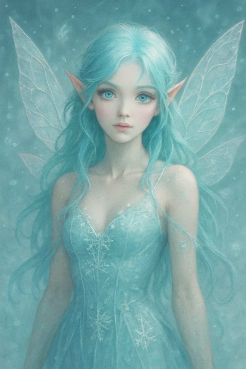 ice fairy with aqua-colored eyes and hair, delicate wings, magical, ethereal, fantasy style emoji