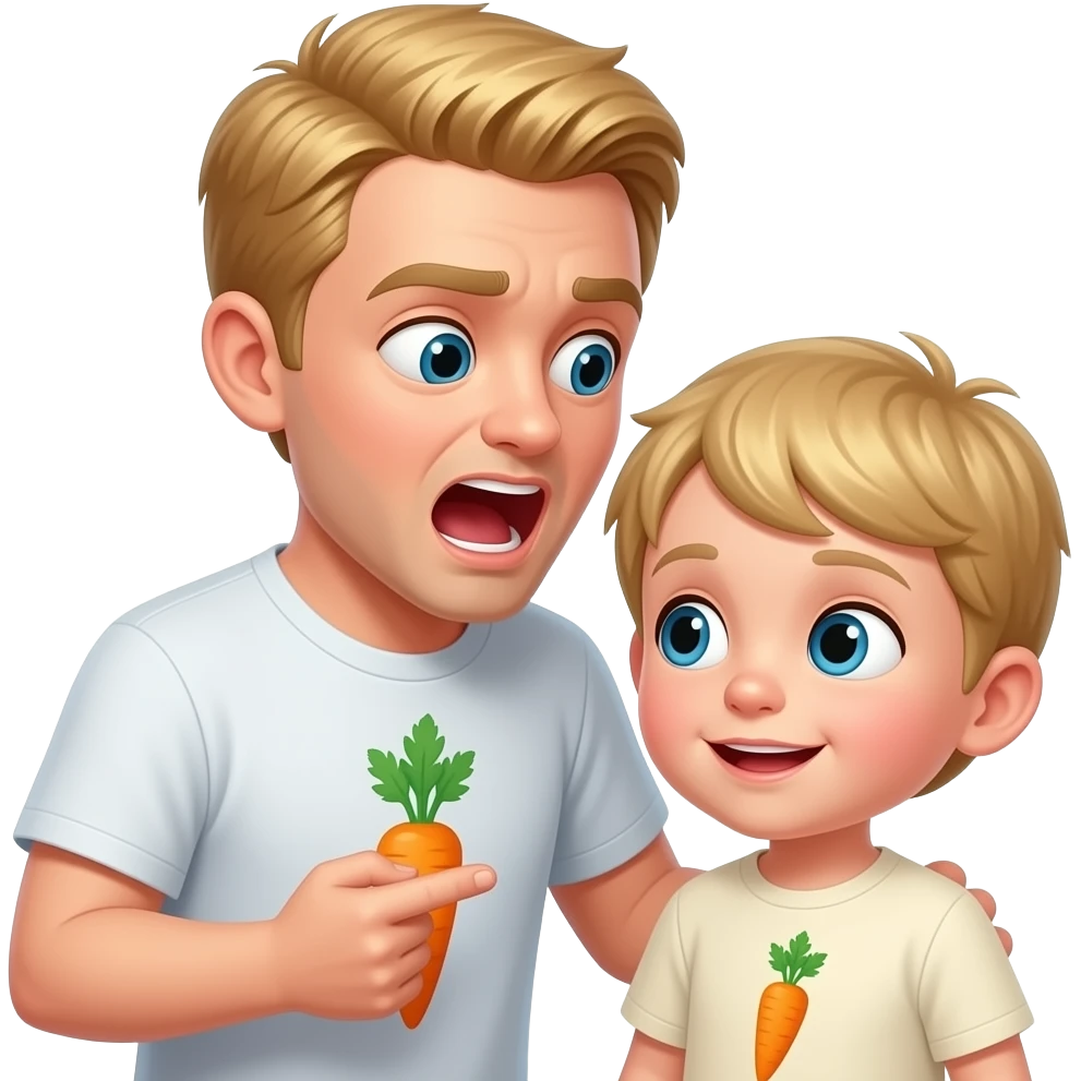 Sarışın bir erkek çocukağlıyor ve tişörtünün üzerinde havuç var emoji