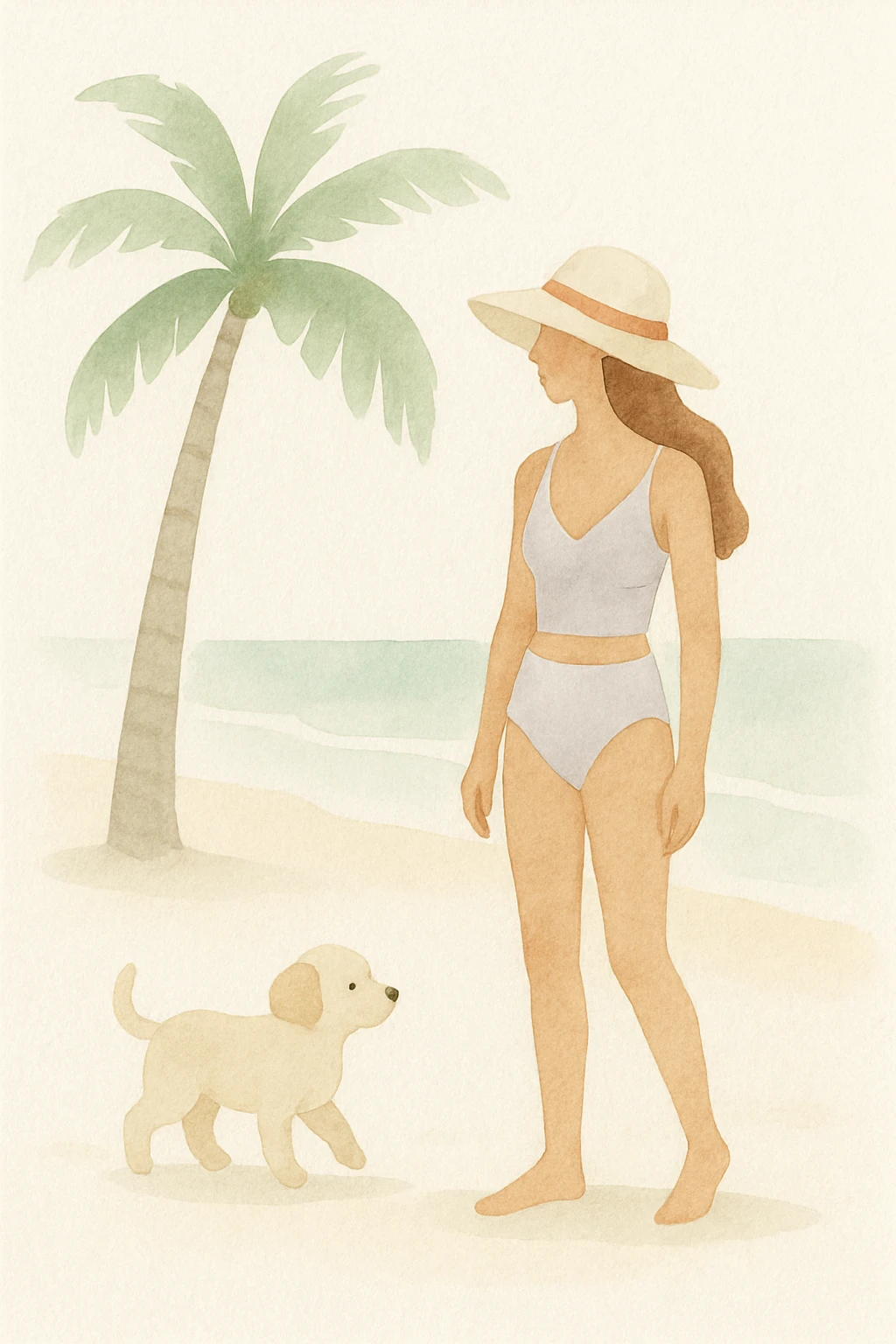 a woman in swimwear on a beach with a palm tree and a puppy, watercolor illustration emoji