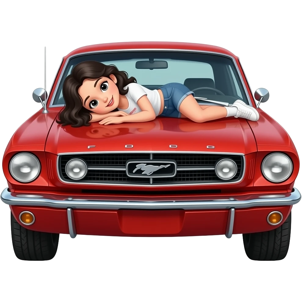 Pale girl with black wavy hair lying on the hood of a red Ford Mustang 1968 coupe. emoji