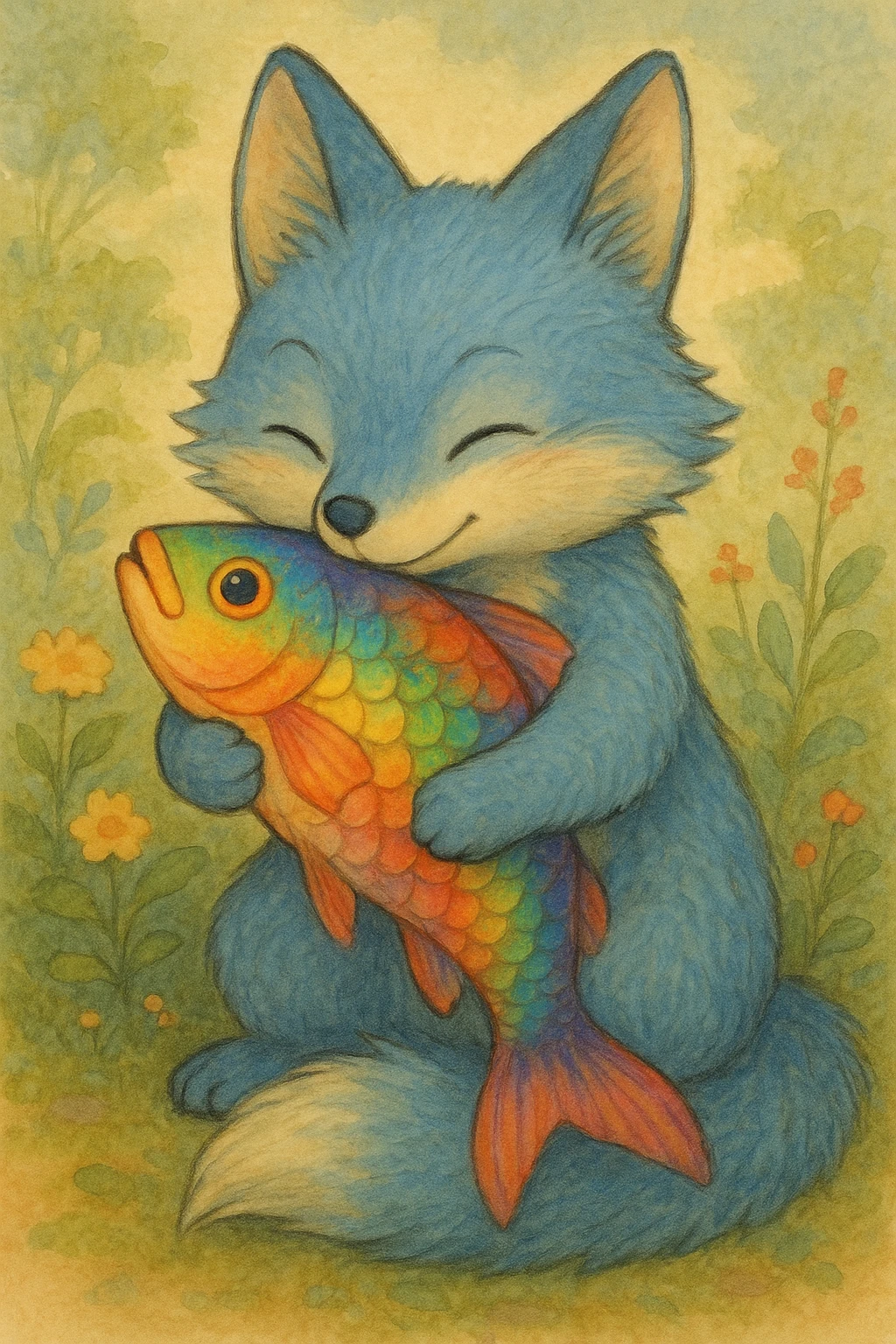 cute blue fox hugging a rainbow fish in ghibli style emoji