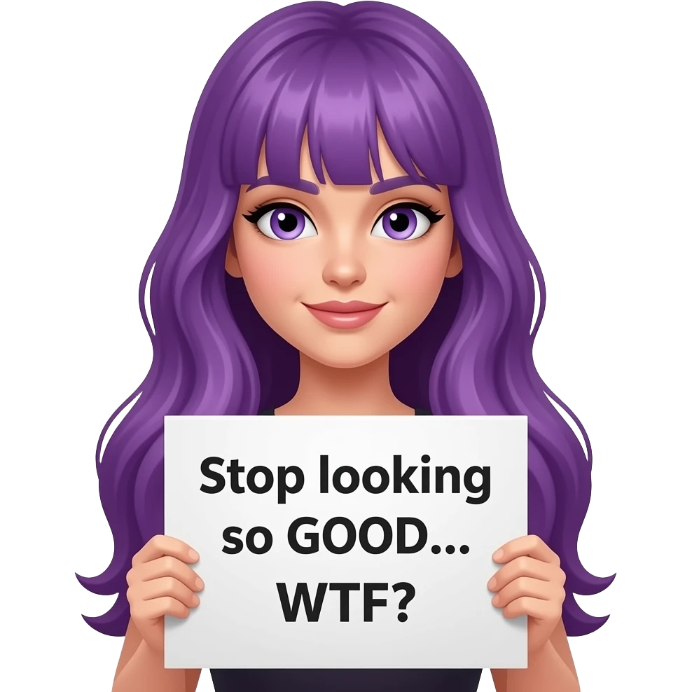 sexy girl with long purple hair and purple eyes holding a Stop looking so GOOD... WTF sign emoji
