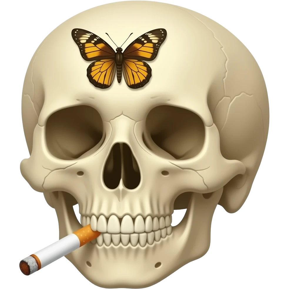 Skull smoking a cigarette with a moth on the forehead emoji
