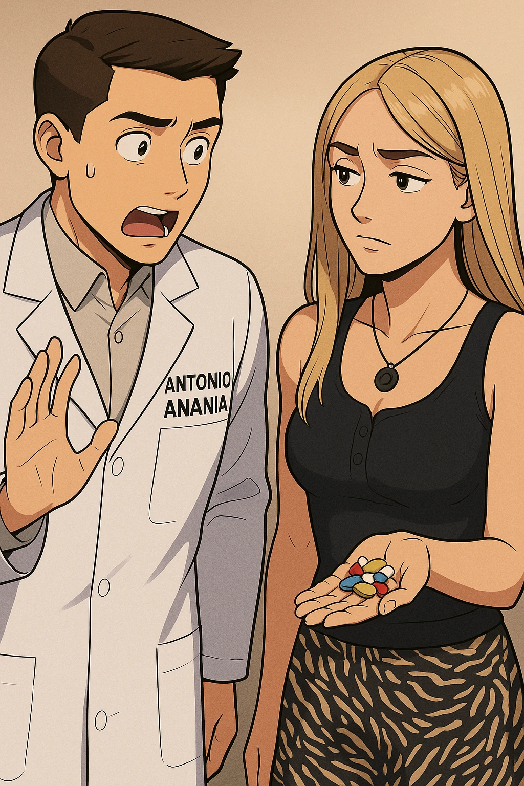 fai un webtoon/manga a colori con questo kinesiologo in camice bianco (fagli la scritta "ANTONIO ANANIA" SUL CAMICE) CHE PARLA CON QUESTA RAGAZZA. LA RAGAZZA HA UN PUGNO DI INTEGRATORI IN MANO (TANTE PILLOLE DIVERSE) E LE GUARDA DUBBIOSA. IL KINESIOLOGO CON IL CAMICE BIANCO LE DOMANDA UNA COSA SCIOCCATO. NON FARE I FUMETTI, FAI SOLO LORO COME SE DIALOGASSERO emoji