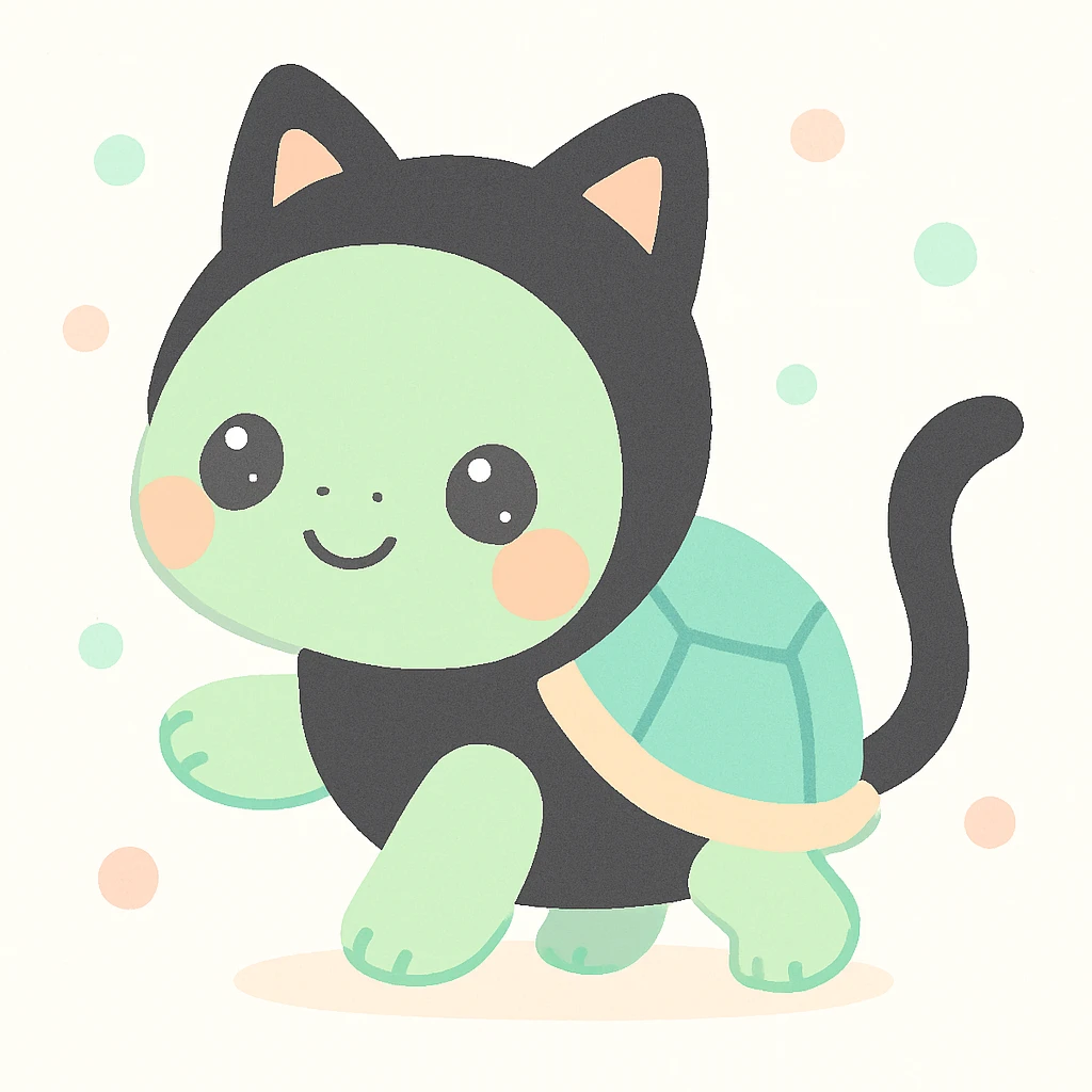 a tortoise dressed as a black cat, with cat ears and a tail, in a cute and playful pose emoji