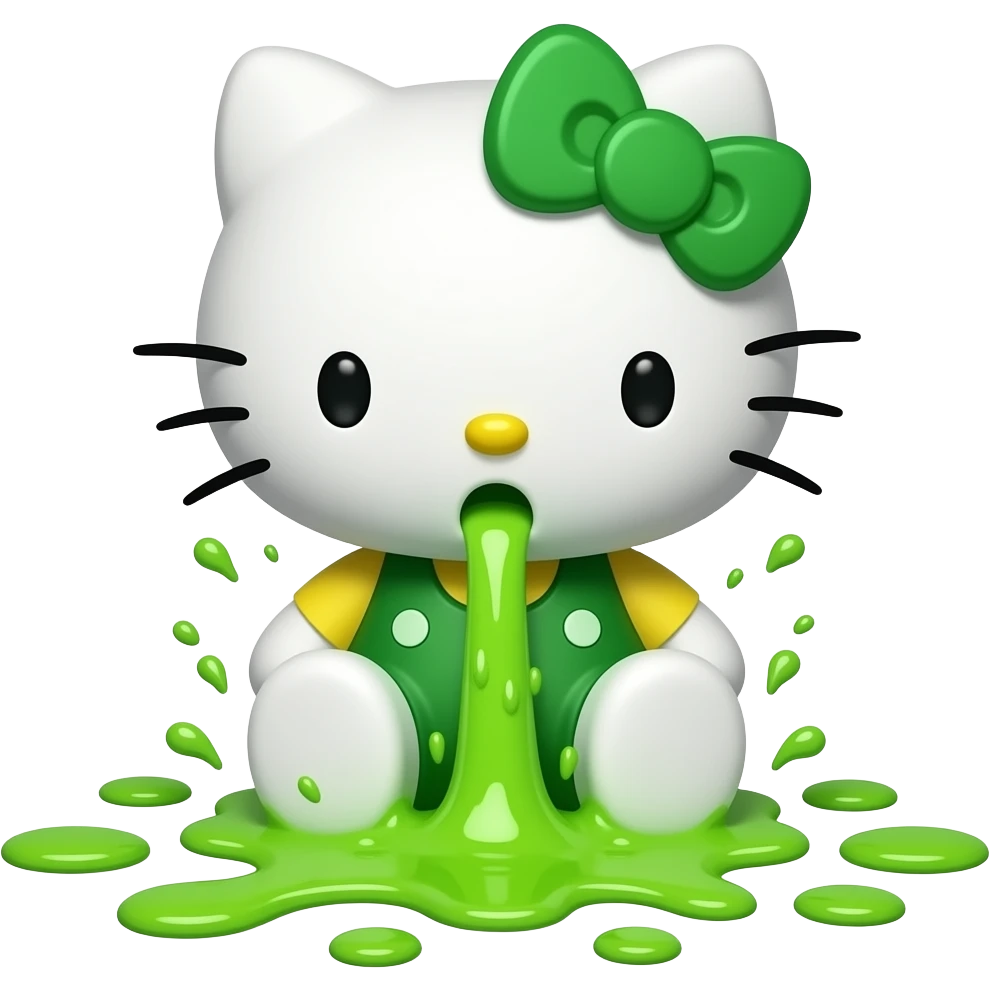green-white hello kitty is vomiting neon green through her mouth, spewing it out onto the floor at her feet niagara emoji