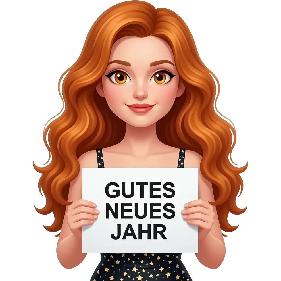 sexy girl with long wavy ginger hair and ginger eyes wearing a new years eve dress is holding a white colored sign with GUTES NEUES JAHR written on it emoji