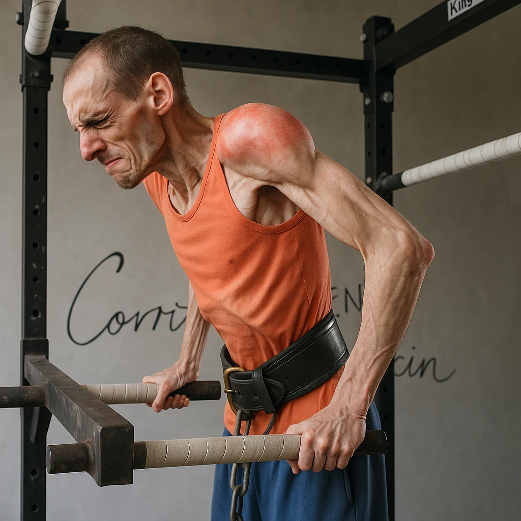 Hyperrealistic 4K image of a very thin man performing a dip on parallel bars, side position as in the reference, showing an expression of discomfort. Shoulder area with signs of inflammation and swelling. Highlighted muscles and bones, gym atmosphere. Variant 6. emoji