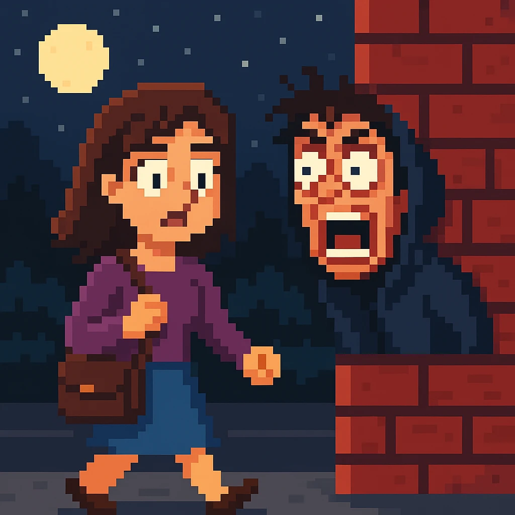 Change the expression of the surprised stalker to a more intense or exaggerated one in pixel art style emoji