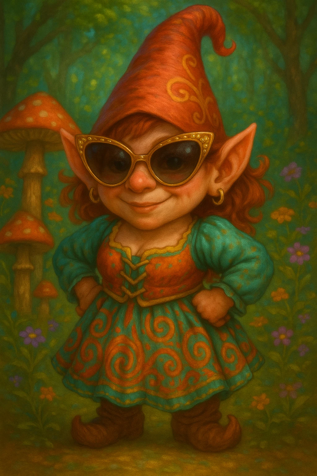 Change the sunglasses on the female gnome to oversized, glamorous style sunglasses. Keep the rest of the image intact. emoji