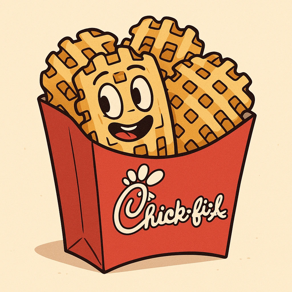 cartoon style Chick-fil-A waffle fries in a red takeout box, bold colors, simple background emoji