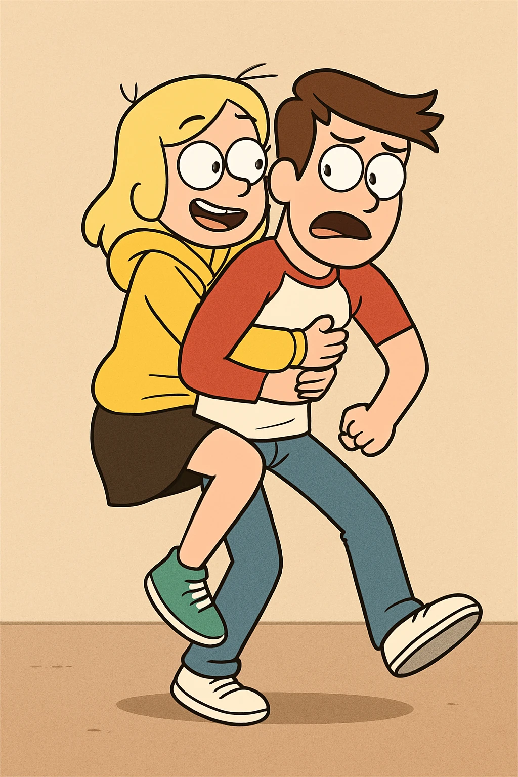 A man Raglan sleeves with Red t-shirts blue jeans white shoes carried by a cute a girl yellow hoodie black skirt green shoe  emoji