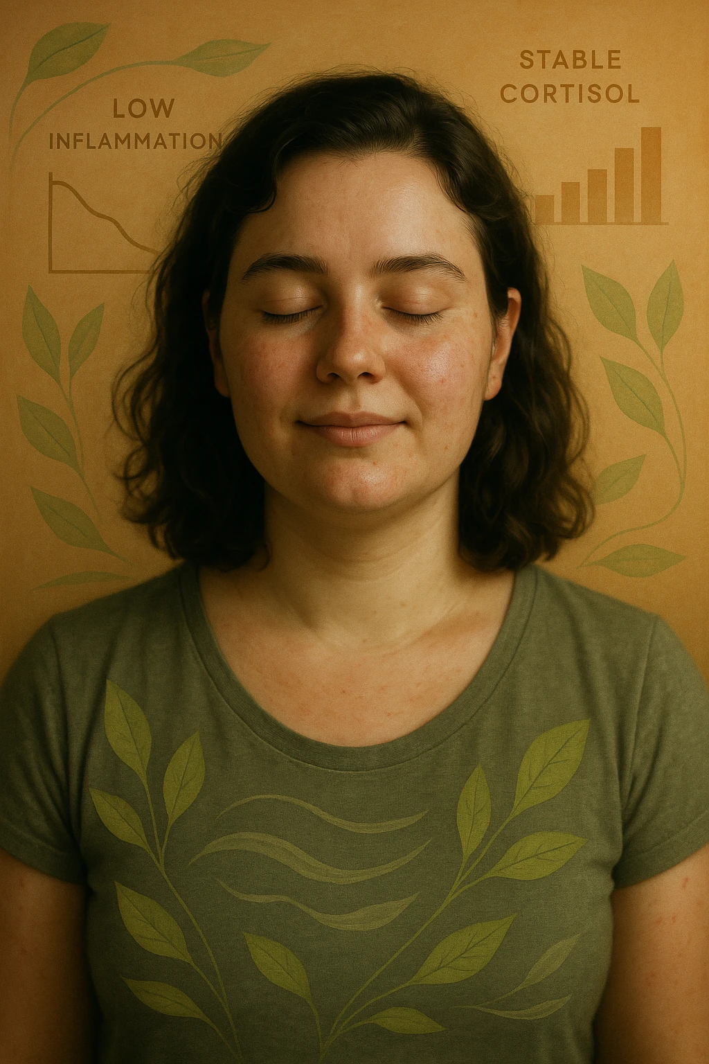 Realistic and cinematic vertical 2:3 portrait of a serene woman with PCOS, showing low inflammation and stable cortisol thanks to healthy nutrition. Positive atmosphere with subtle symbols of hormonal balance and low inflammation, such as health charts or visual health elements, very few writings. emoji