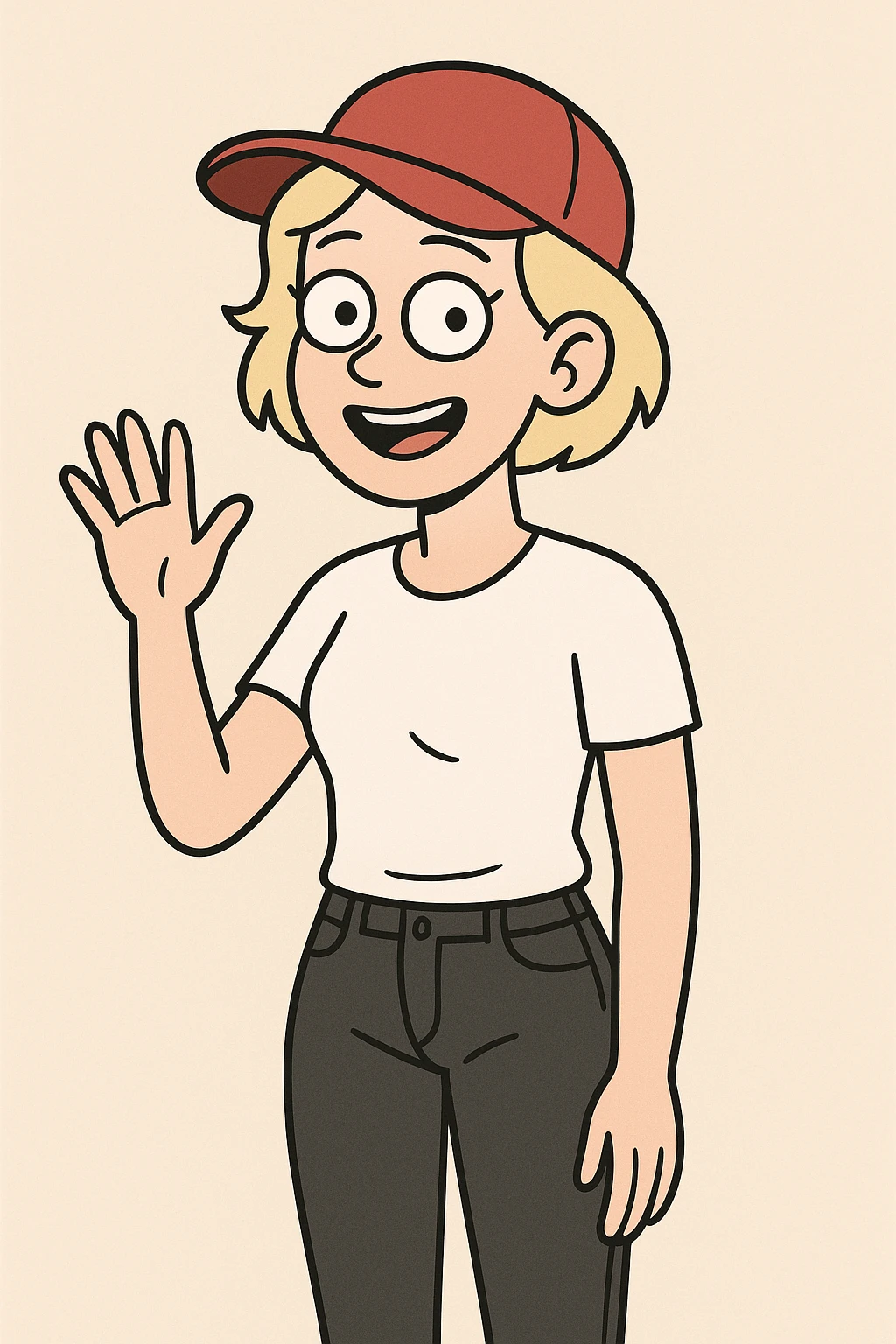 A woman Very Light Blonde short hair Red Ultimate panel Cap white top black jeans a hand say hello emoji