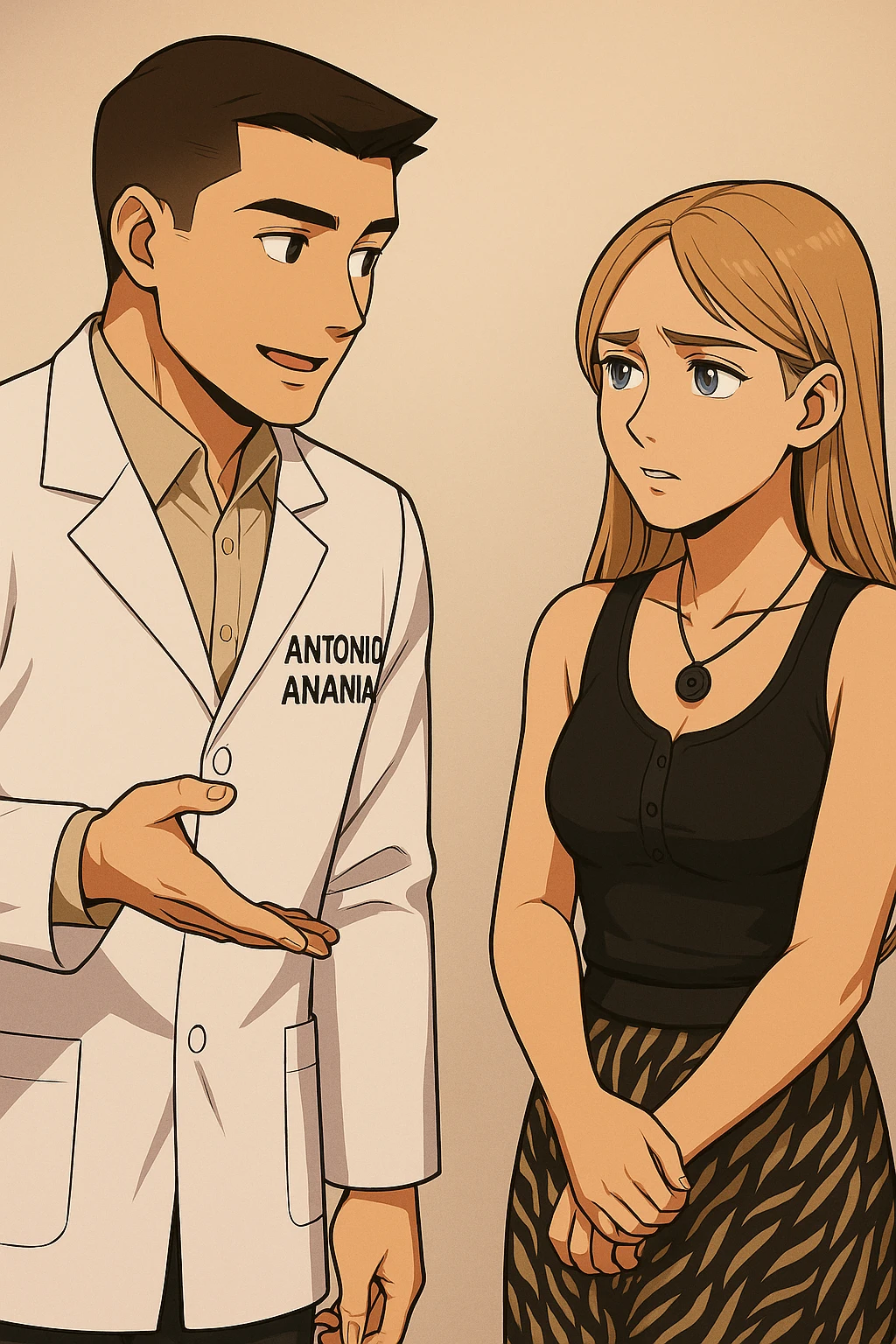 fai un webtoon/manga a colori con questo kinesiologo in camice bianco (fagli la scritta "ANTONIO ANANIA" SUL CAMICE) CHE PARLA CON QUESTA RAGAZZA CON GLI OCCHI AZZURRI. la ragazza gli fa una domanda preoccupata e IL KINESIOLOGO CON IL CAMICE BIANCO LE risponde. NON FARE I FUMETTI, FAI SOLO LORO COME SE DIALOGASSERO emoji