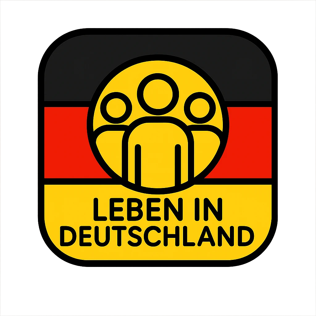 modern friendly mobile app icon for 'Leben in Deutschland' featuring German flag colors black red gold with subtle symbol of community integration emoji