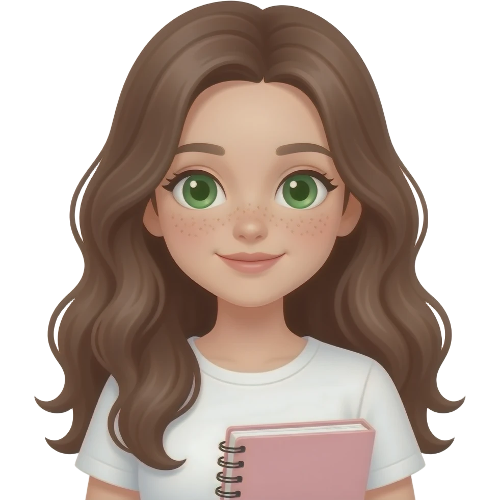 Cute study girl IN WHITE TOP, Long BROWN wavy hair, green eyes, soft WITH not volominous SLIM FACE , aesthetic, minimal, pastel colors, cozy study vibe, holding book or notebook,PREPPY VERY PRETTY FACE MORE SHARP  WITH FRECKLES emoji