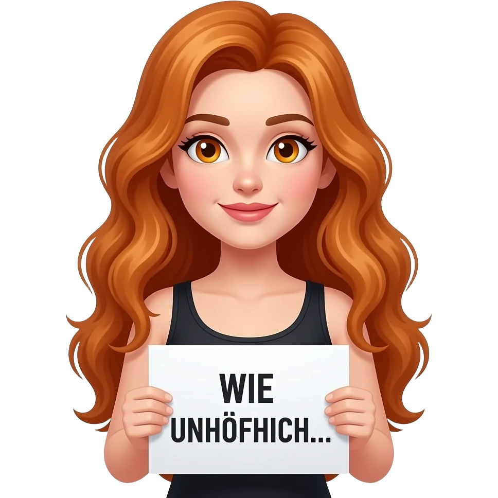 sexy girl with long wavy ginger hair and ginger eyes wearing a black tanktop is holding a white sign with WIE UNHÖFLICH... written on it emoji