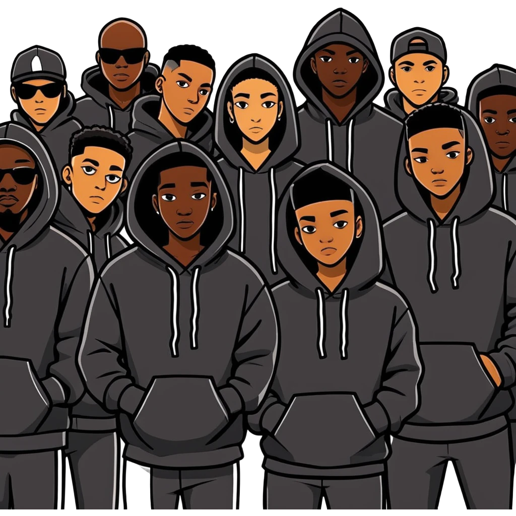 Gang of black people wearing all black with black hoodies emoji