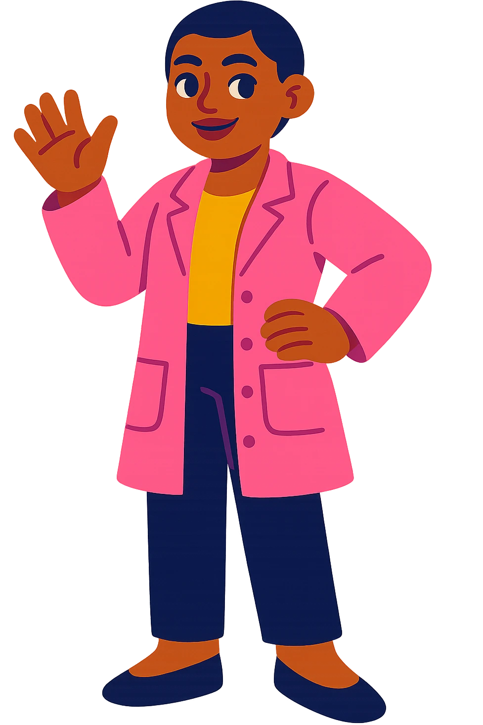 morena woman with short hair, pink lab coat, black pants, vibrant style emoji