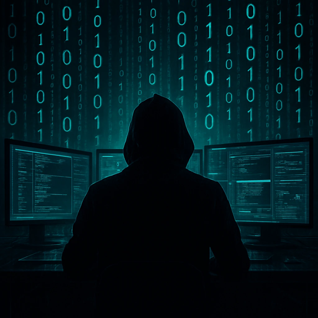 cybersecurity domain, hacker silhouette with binary code, tech style emoji