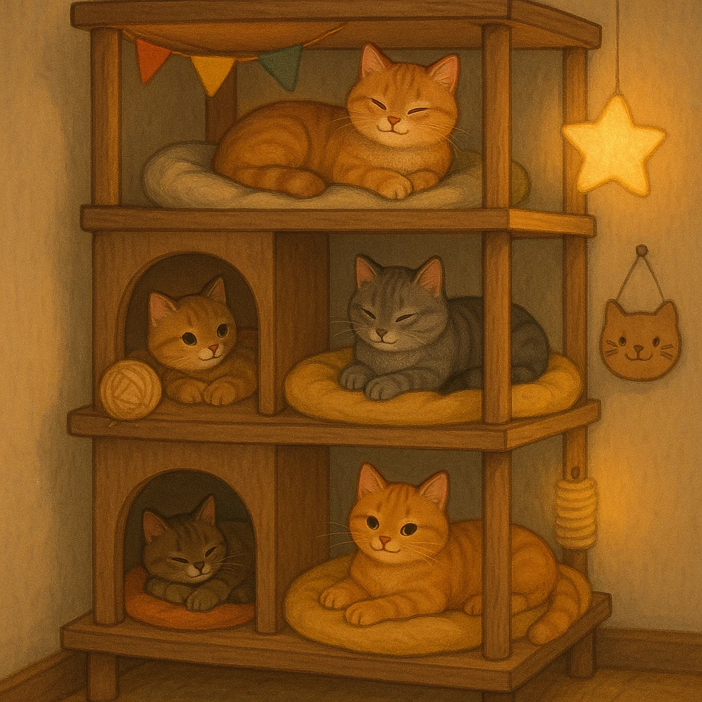 cats relaxing in a vertical playhouse emoji