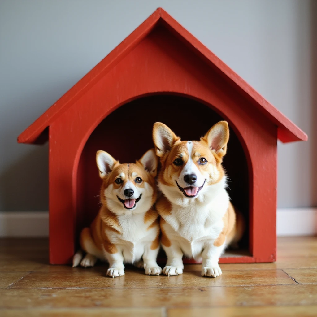 realistic red dog house with a Corgi dog inside, two Corgis, photorealistic style emoji