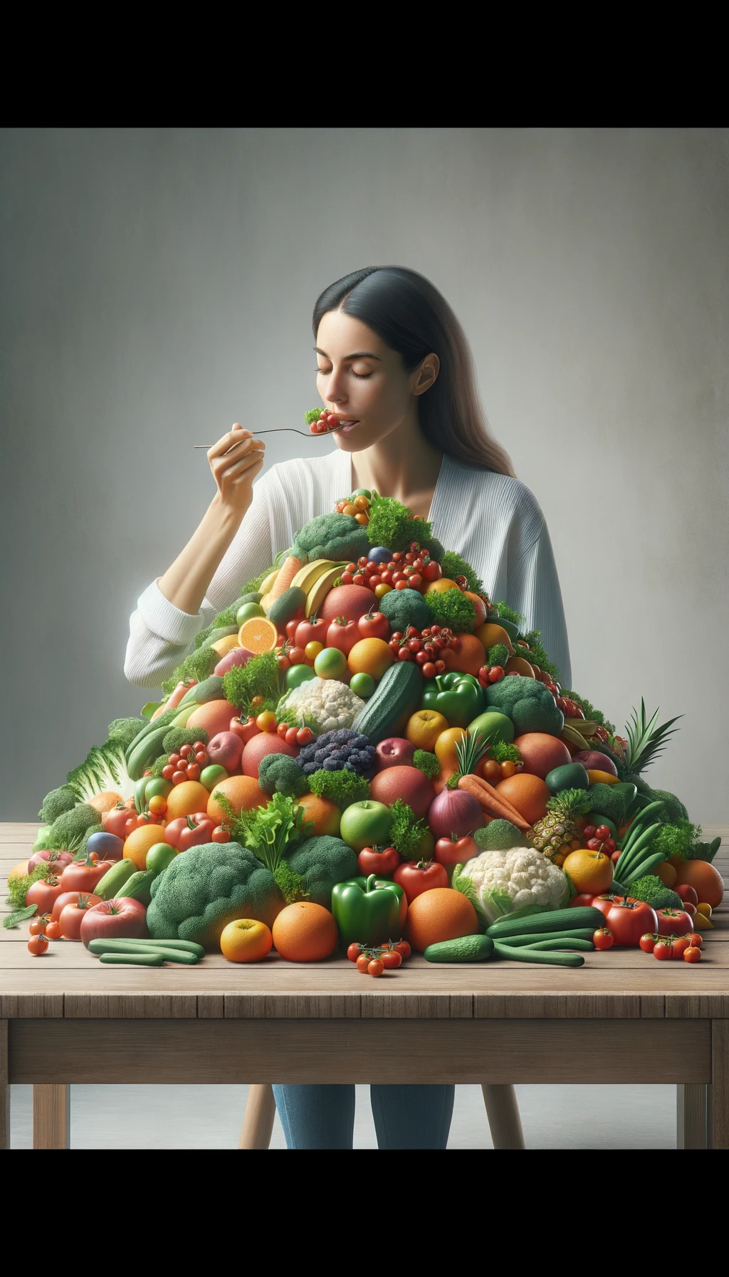 donna che mangia una montagna di frutta e verdura, SFONDO molto CHIARO NEUTRO, colori realistici, iperrealistico 4k emoji