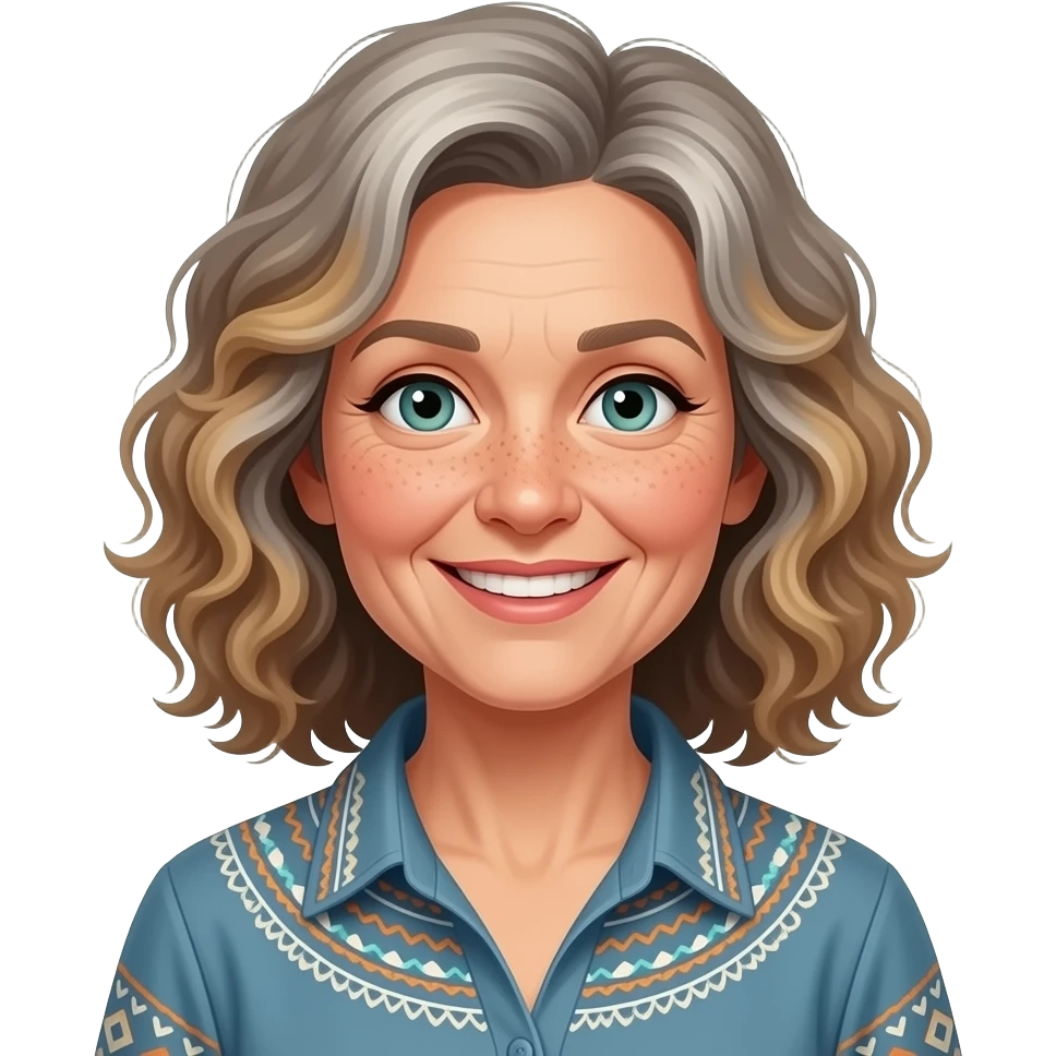 older woman boho shirt shoulder length curly more greyish brown blond highlights blue/green eyes freckles across nose smiling woman emoji