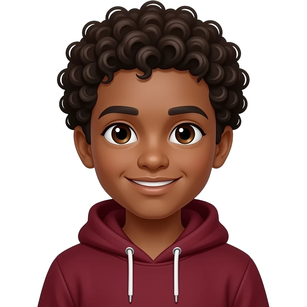 young cute teen boy with dark brown skin and curly afro wearing a dark red hoodie emoji
