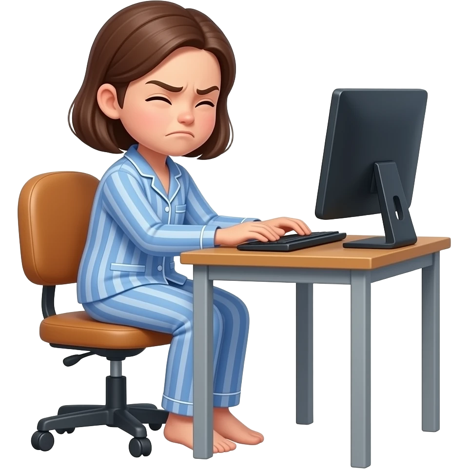a girl in her pajama sitting at the desk turning around to us with disgusted expression and rolled eyes emoji