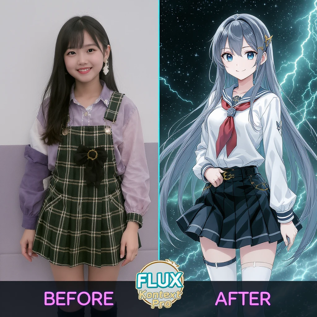 create before after image of a girl before is realsitic photo, after is anime version of her in same pose and clothes, add logo with text of a "FLUX Kontext Pro" emoji