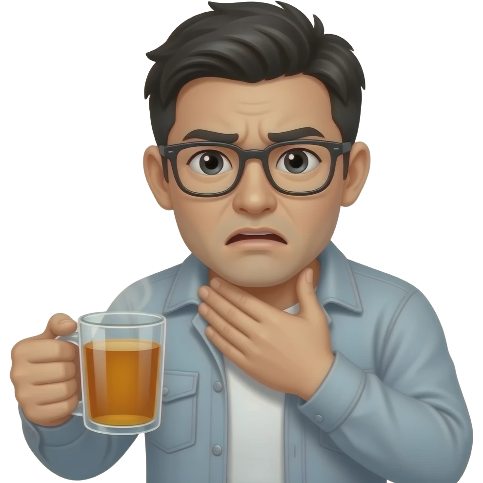 sick asian man holding hot drink, sick face emoji