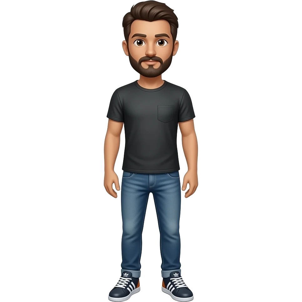 standing male, medium skin tone, very dark brown hair, short beard with fullish coverage on face, and mustache, standing, wearing classy jeans, a faded black / gunmetal gray t-shirt (no pocket,and jeans and nice adidas shoes (the flatter style) with a cool color combination on the shoes emoji