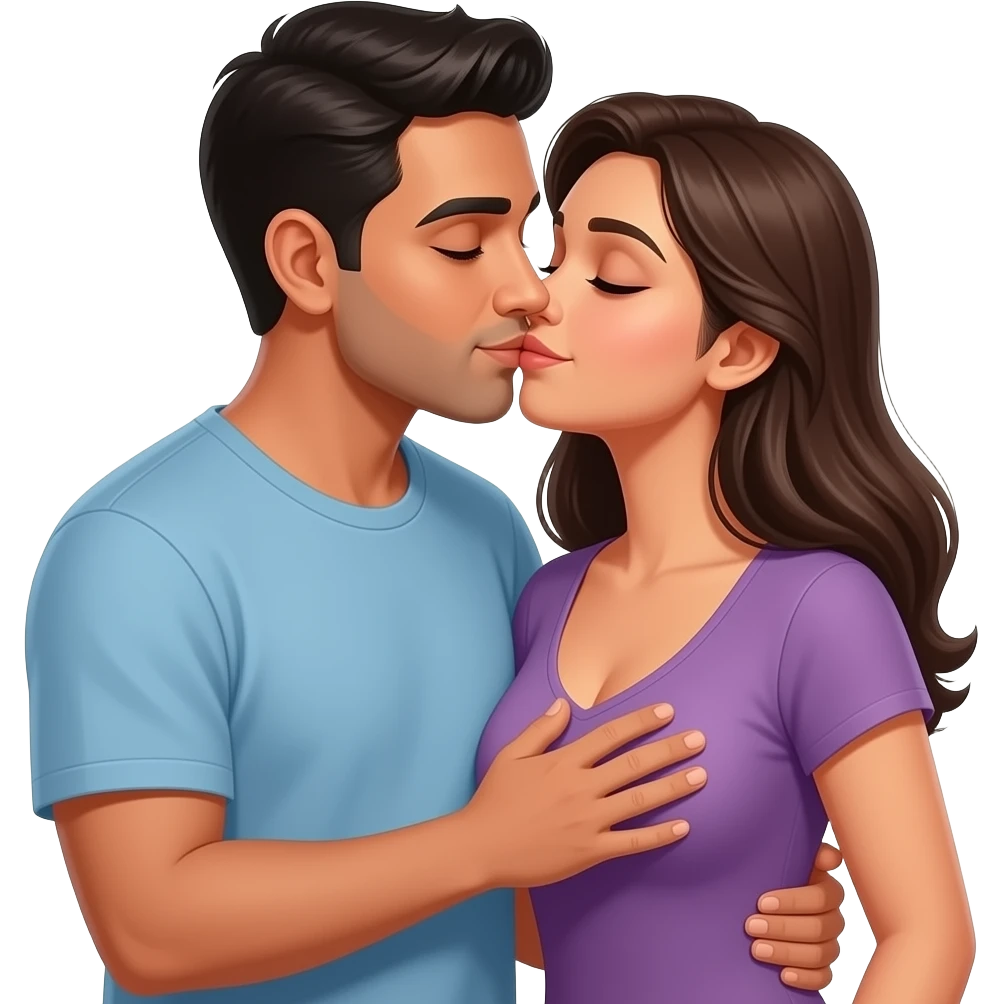 Husband kissing wife lovingly Indian couple modern casual dress. Husband hand on wife chest. Lady low neck, husband no beard no moustache emoji