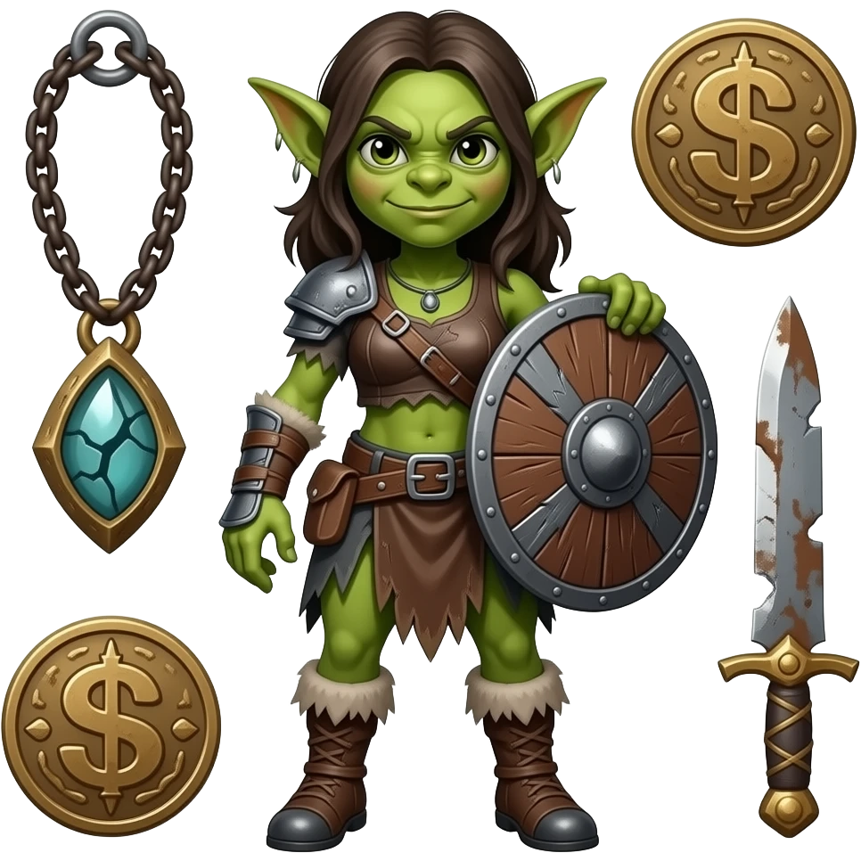 Green Goblin woman fantasy adventurer with junk trinkets emoji