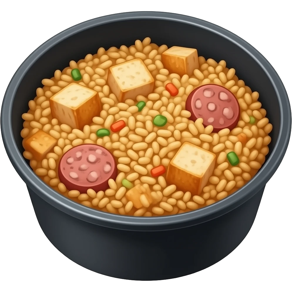 Rice bowl in a round plastic black box. It has fried rice topped with chicken cubes,sausage slices emoji