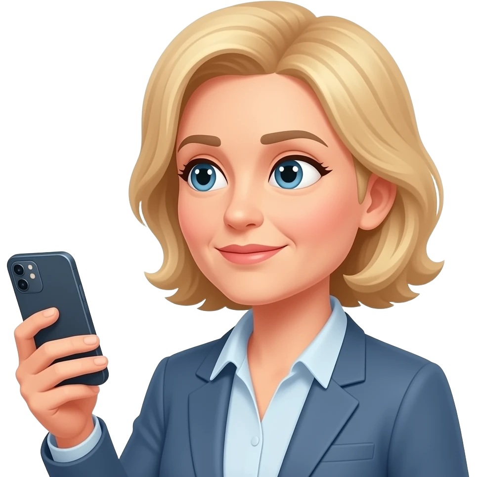 middle-aged blonde woman thinking with a cell phone in her hand emoji