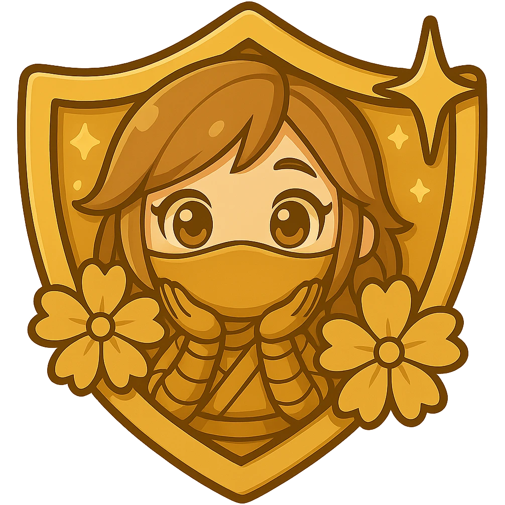Change ONLY the flowers in this image to match the exact gold color, shading, and highlights of the badge border, so they blend seamlessly with the badge. Keep the flower centers gold as well. Do not change anything else—keep the chibi ninja girl, badge, sparkles, and all other details exactly the same. Transparent background, sized for Twitch or Discord use. emoji