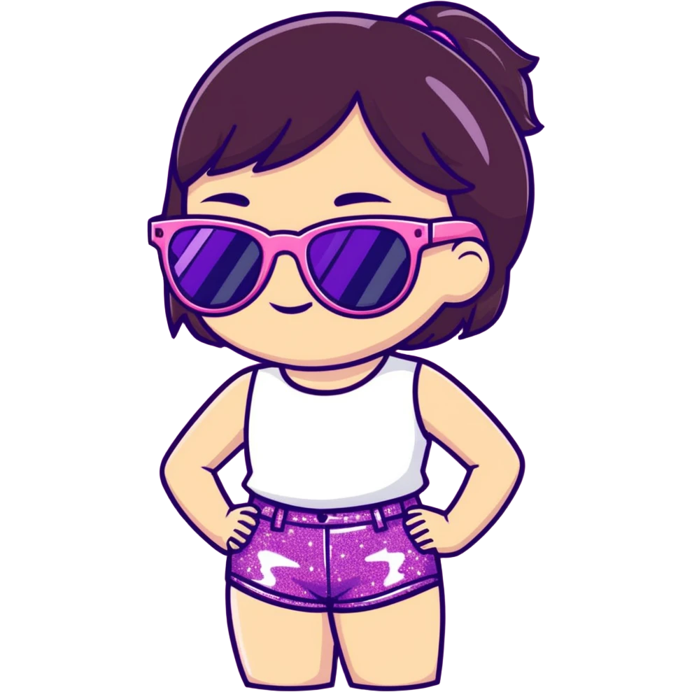 Summer girlie with brunette hair wearing purple sparkly sunglasses and pink sparkly shorts  emoji