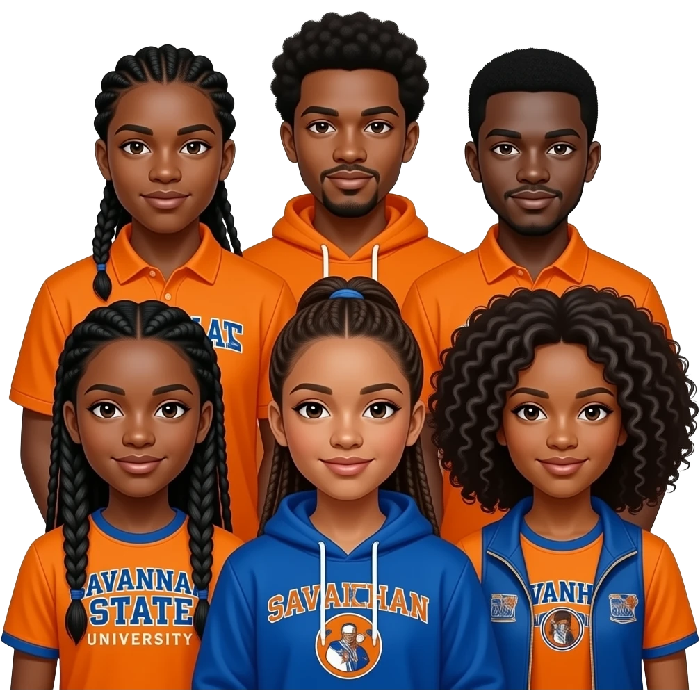 Group of hbcu brown skin 5 boys 5 girls wearing orange and blue Savannah state tigers student braids corn rolls dreads curky hair Afro emojis like 10 emoji