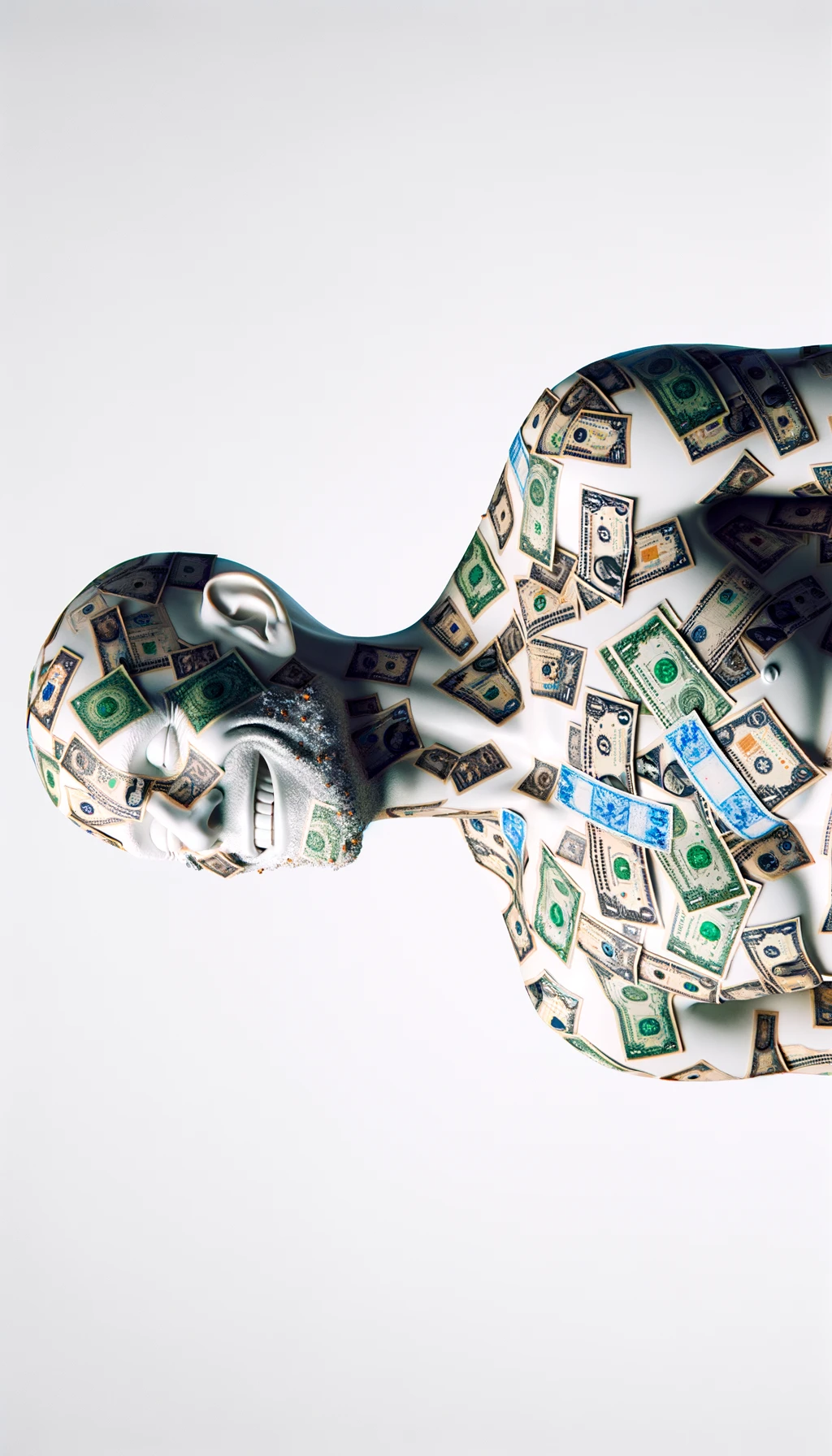 corpo umano anatomico sereno e felice con banconote sparse appiccicate sul corpo, espressione stupita, iperrealistica 4k, isolato su sfondo bianco emoji