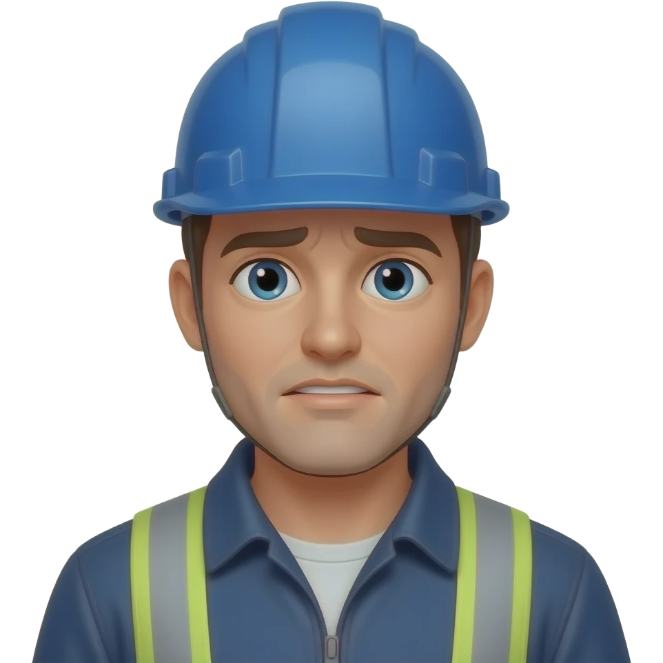 Apple-style emoji of a desperate constrution worker, clean modern design, smooth gradients, friendly expression, CI color #36a9e1, minimalistic, high detail, transparent background emoji